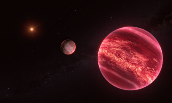 The artist's impression features a small star (left) and two gaseous planets covered in clouds (centre and right), set against the blackness of space. 