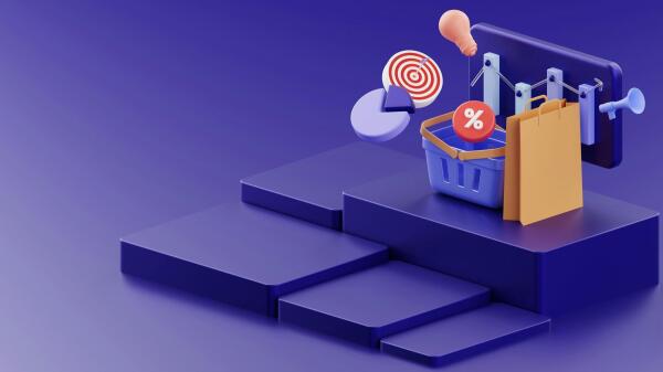 Photo illustration of an online shopping basket, target, percent symbol, chart, and megaphone on a purple background, representing e-commerce and digital marketing.
image source: Growtika on Unsplash