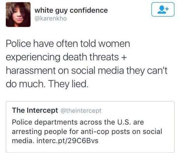 A screenshot of a quote-tweet on a white background.

The original tweet is from The Intercept (@theintercept):
"Police departments across the U.S. are arresting people for anti-cop posts on social media. interc.pt/29C6Bvs"

The quote-tweet above it by white guy confidence (@karenkho) reads:
"Police have often told women experiencing death threats + harassment on social media they can't do much. They lied."