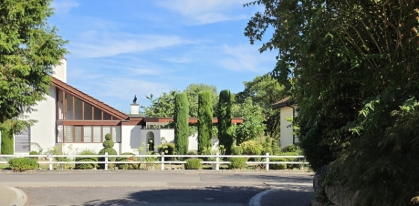 Wohnhäuser und Gärten an einer Straße mit weißem Geländer, Bäumen und blauem Himmel.