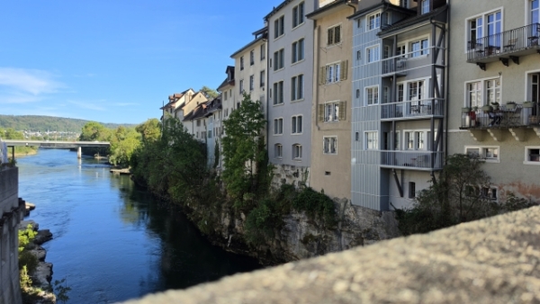 Ein Fluss verläuft zwischen einem bewaldeten Ufer und mehrstöckigen Wohnhäusern; im Hintergrund ist eine Brücke zu sehen.