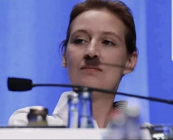 Alice Weidel, the co-chair of Germany's AfD (ultra right wing) party. She's sitting at a table, and the shadow of a small microphone has fallen across her face and from the angle the picture is taken at it is giving her a "Hitler moustache"