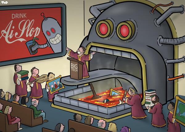 A satirical cartoon showing a cult-like gathering centred around a large altar resembling a robot head with glowing red eyes and a mouth that full of lava. A priest stands on a metal tongue emerging from the lava-filled mouth. Several figures are feeding books, paintings, and framed artworks into the fiery opening. On the wall behind, a red advertisement poster parodies Coca-Cola branding, reading 'Drink AI Slop' and featuring a smiling robot holding a drink.