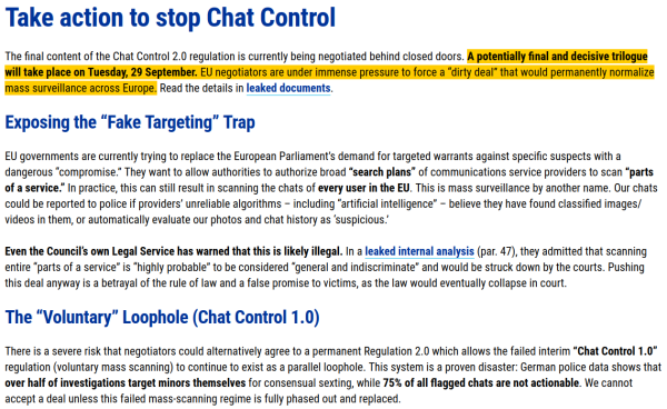 Screenshot of an info page (chatcontrol.eu) warning about “Chat Control 2.0.” A highlighted line says a potentially final and decisive trilogue takes place on Tuesday, 29 September. It warns EU governments want “search plans” to scan “parts of a service” (e.g., all group chats or all EU users), effectively mass scanning of private chats. It cites that the Council’s own Legal Service warned this could be “general and indiscriminate” and likely illegal. It also warns about keeping the “voluntary” Chat Control 1.0 as a loophole, mentioning high false positives and cases affecting minors.