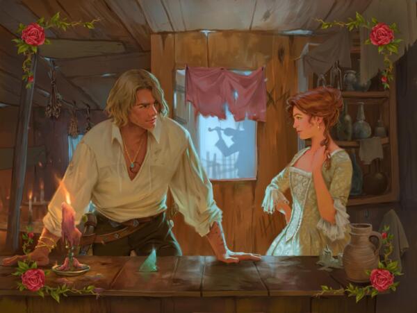 Valerian Kane and Cat Rose from the historical pirate romance "Tempest". They're about 20 and both very good-looking. They're standing inside a ramshackle tavern and looking at each other with romantic tension.