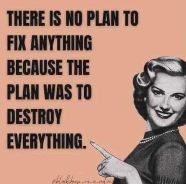 Woman pointing to the words "There is no plan to fix anything because the plan was to destroy everything."
