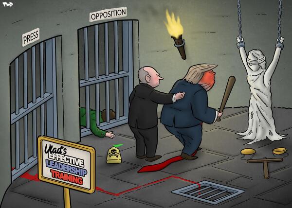 An editorial cartoon set in a dungeon. In the foreground, a sign reads 'Vlad's Effective Leadership Training'.  On the left, barred cells are labeled 'PRESS' and 'OPPOSITION';a stream of blood is coming out of the press cell, while a figure lies dead on the floor of the opposition cell with an empty bottle of poison on the floor outside the cell. Putin is guiding Trump, who is holding a baseball bat, towards Lady Justice, who is standing chained to the wall.